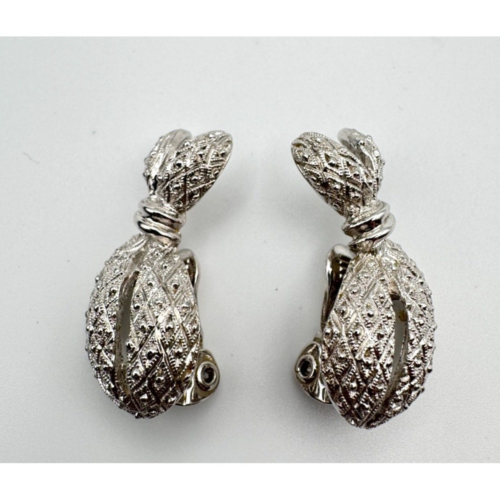 Vintage Monet Earrings Silver Tone Pineapple Ball Drop Clip On